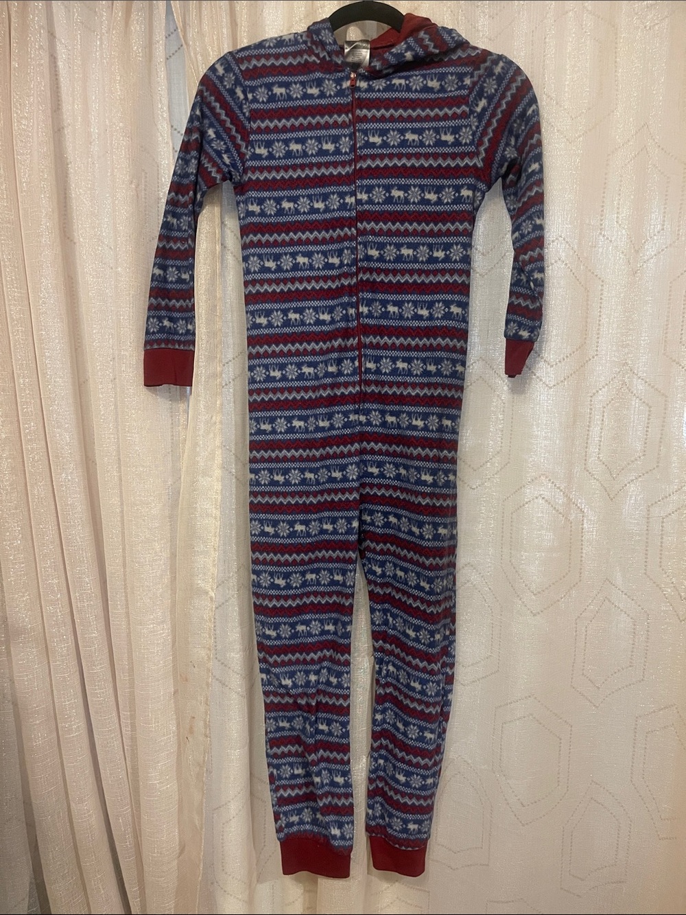 Kids Blue and Burgundy Fair Isle Hooded One-Piece Pajamas